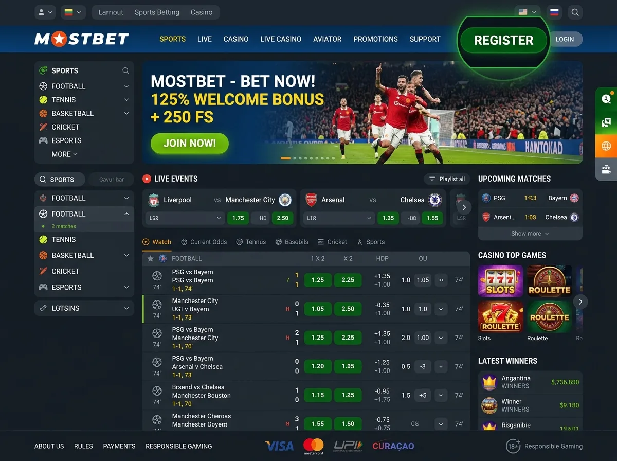 Главная страница сайта Mostbet с кнопкой регистрации в правом верхнем углу, тёмный интерфейс с зелёной кнопкой